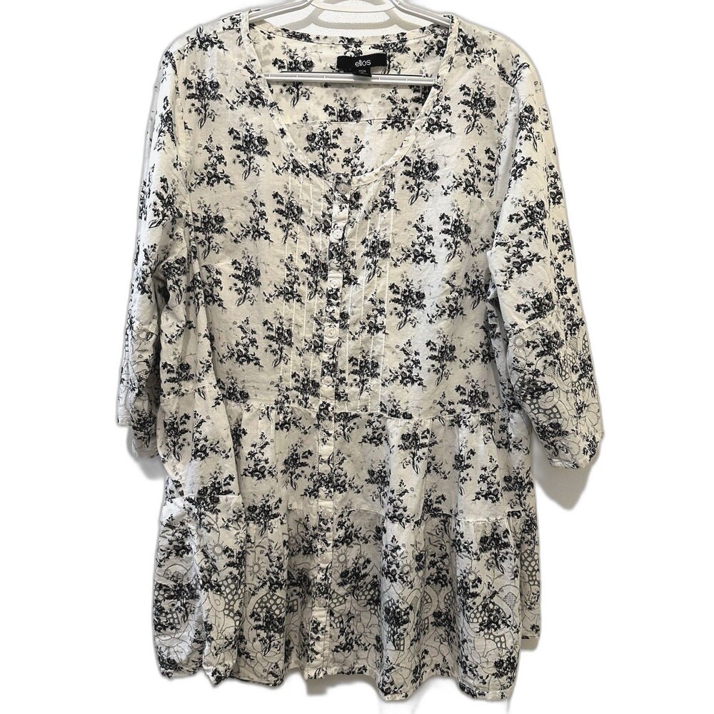 Ellos White Multi-Colored Floral Scoop Neck 3/4 Sleeve Button Up Shirt 1X 22/24 - Picture 2 of 8